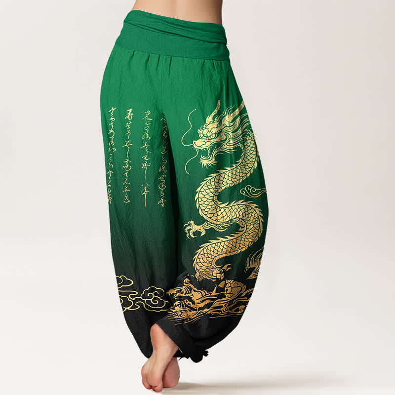 Buddha Stones Pantalones harem de algodón con estampado de nube y dragón dorado para mujer con cintura elástica. - image 7
