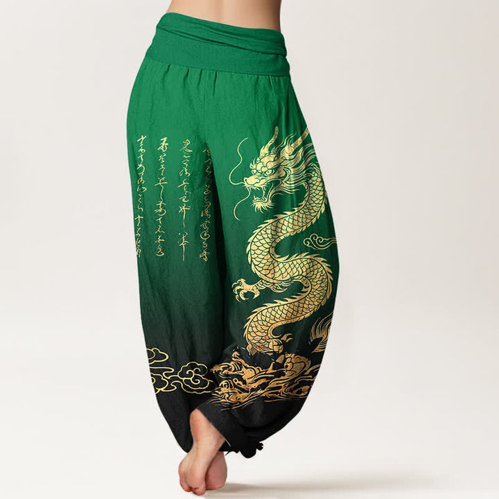 Buddha Stones Pantalones harem de algodón con estampado de nube y dragón dorado para mujer con cintura elástica. - image 7