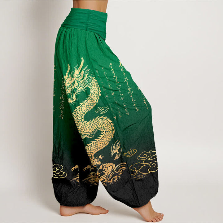 Buddha Stones Pantalones harem de algodón con estampado de nube y dragón dorado para mujer con cintura elástica. - image 6