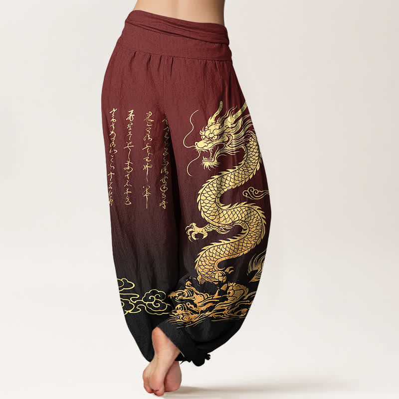 Buddha Stones Pantalones harem de algodón con estampado de nube y dragón dorado para mujer con cintura elástica. - image 10