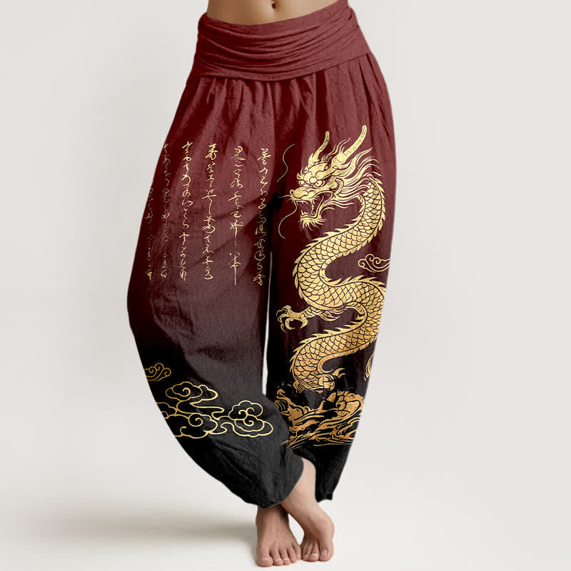 Buddha Stones Pantalones harem de algodón con estampado de nube y dragón dorado para mujer con cintura elástica. - Granate - US16，UK/AU20，EU48 (3XL) - image 8