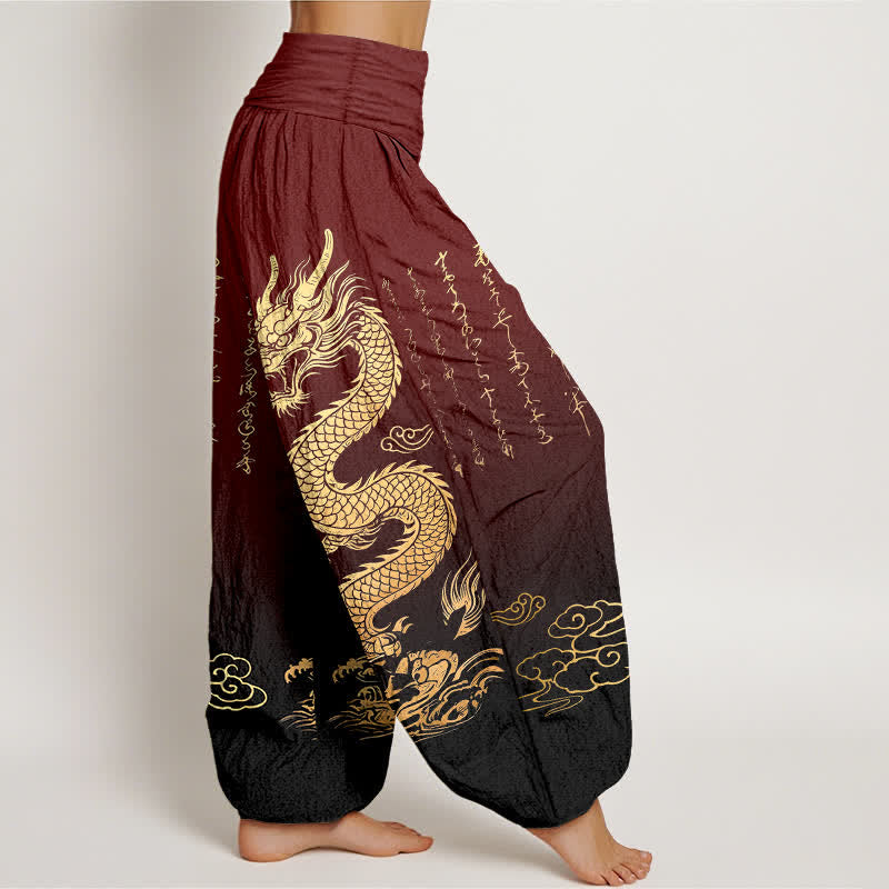Buddha Stones Pantalones harem de algodón con estampado de nube y dragón dorado para mujer con cintura elástica. - image 9