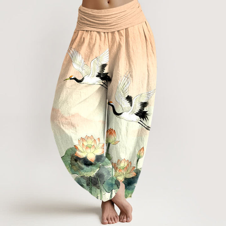 Buddha Stones Pantalones harem de algodón con estampado de grullas voladoras y loto para mujer, con cintura elástica. - PeachPuff - US16，UK/AU20，EU48 (3XL) - image 0