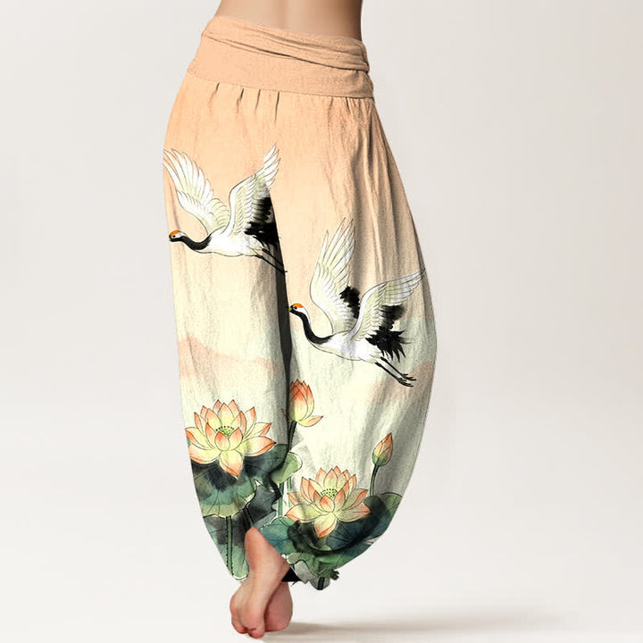 Buddha Stones Pantalones harem de algodón con estampado de grullas voladoras y loto para mujer, con cintura elástica. - image 2