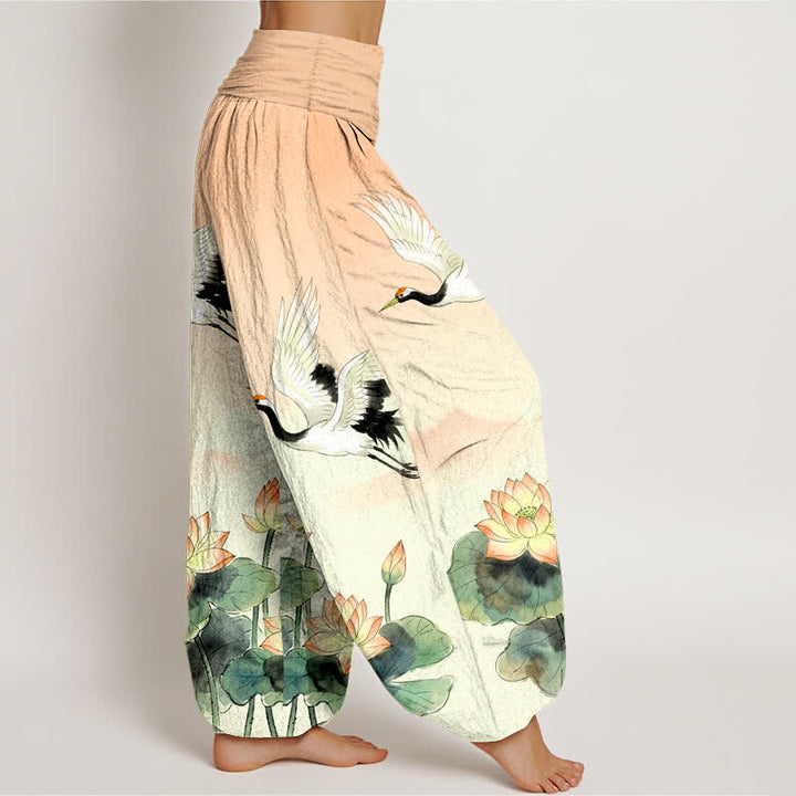 Buddha Stones Pantalones harem de algodón con estampado de grullas voladoras y loto para mujer, con cintura elástica. - image 1