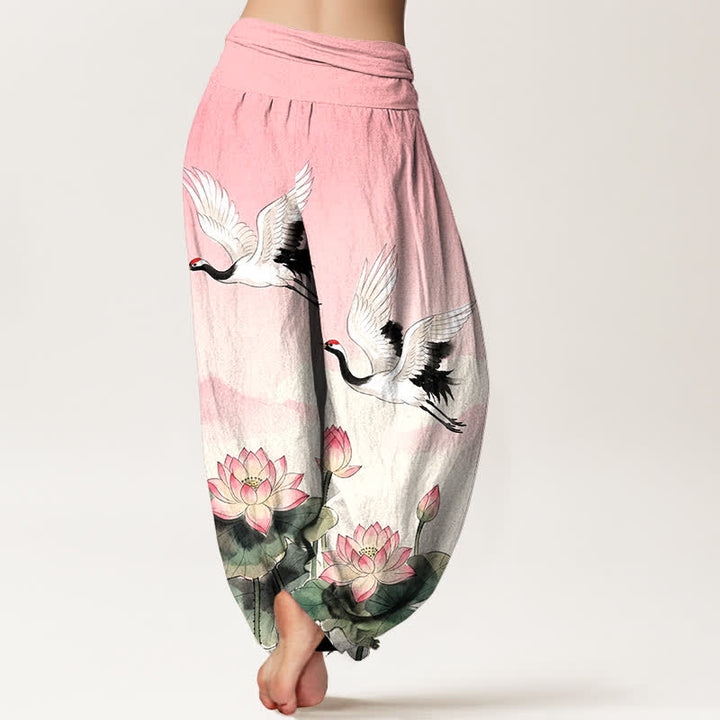 Buddha Stones Pantalones harem de algodón con estampado de grullas voladoras y loto para mujer, con cintura elástica. - image 7