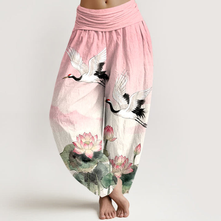 Buddha Stones Pantalones harem de algodón con estampado de grullas voladoras y loto para mujer, con cintura elástica. - rosa claro - US16，UK/AU20，EU48 (3XL) - image 5