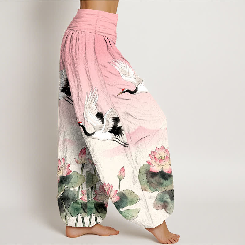Buddha Stones Pantalones harem de algodón con estampado de grullas voladoras y loto para mujer, con cintura elástica. - image 6