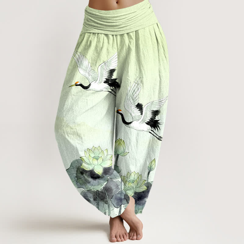 Buddha Stones Pantalones harem de algodón con estampado de grullas voladoras y loto para mujer, con cintura elástica. - Gotas de miel - US16，UK/AU20，EU48 (3XL) - image 8