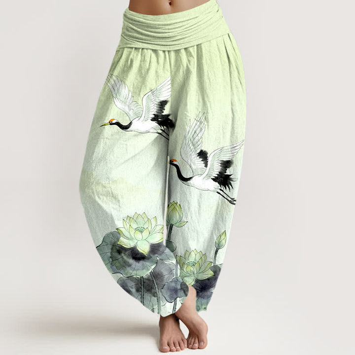 Buddha Stones Pantalones harem de algodón con estampado de grullas voladoras y loto para mujer, con cintura elástica. - Gotas de miel - US16，UK/AU20，EU48 (3XL) - image 8