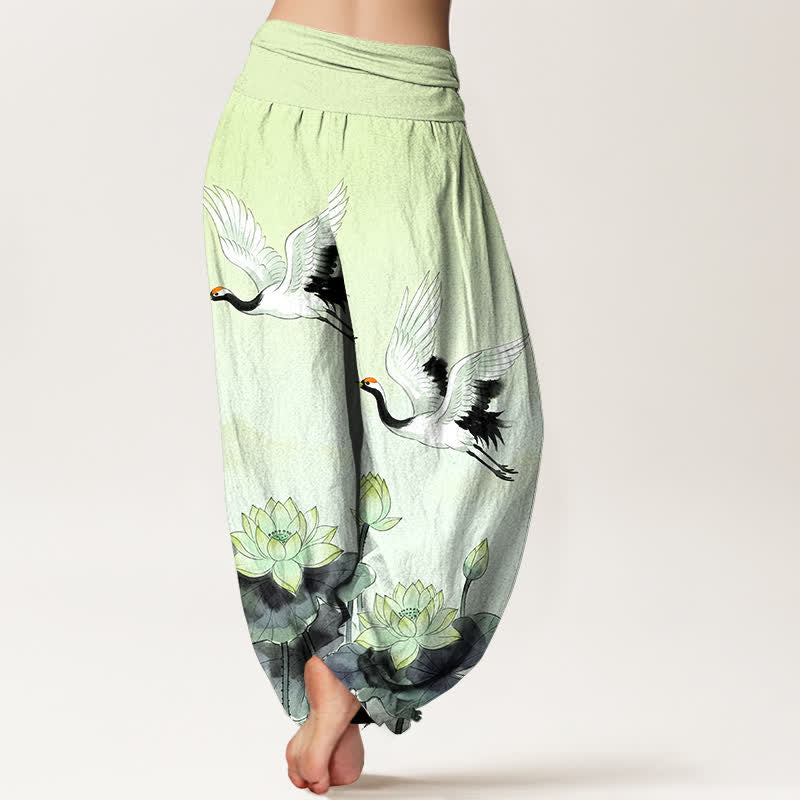 Buddha Stones Pantalones harem de algodón con estampado de grullas voladoras y loto para mujer, con cintura elástica. - image 10