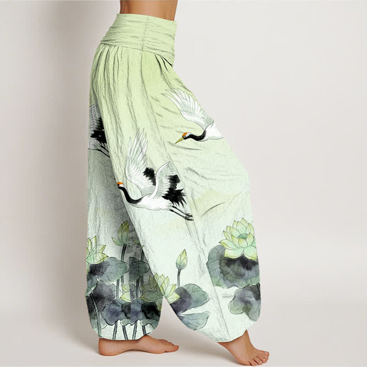 Buddha Stones Pantalones harem de algodón con estampado de grullas voladoras y loto para mujer, con cintura elástica. - image 9