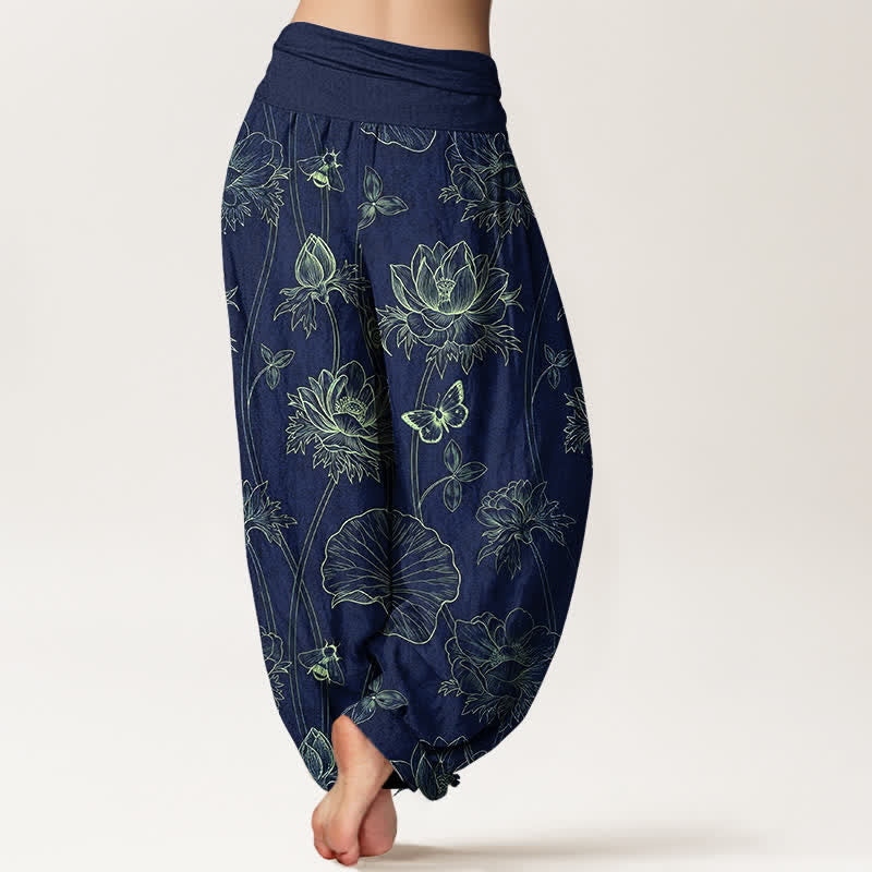 Buddha Stones Pantalones harem de mujer con cintura elástica y estampado de mariposas y loto de algodón. - image 2