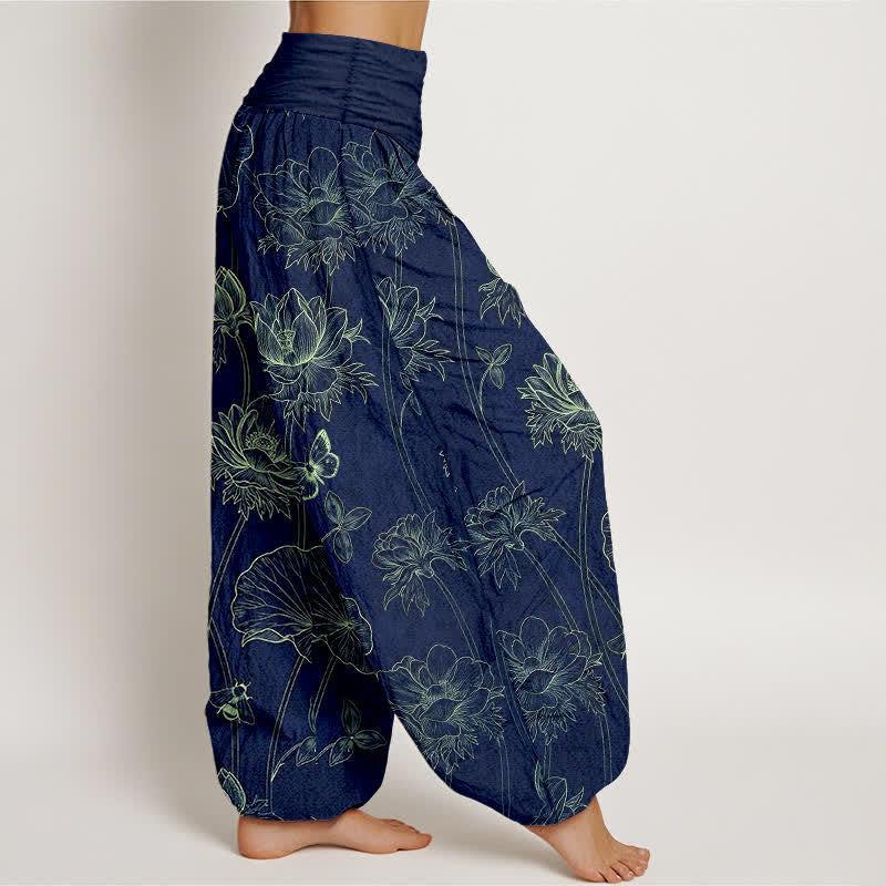 Buddha Stones Pantalones harem de mujer con cintura elástica y estampado de mariposas y loto de algodón. - image 1