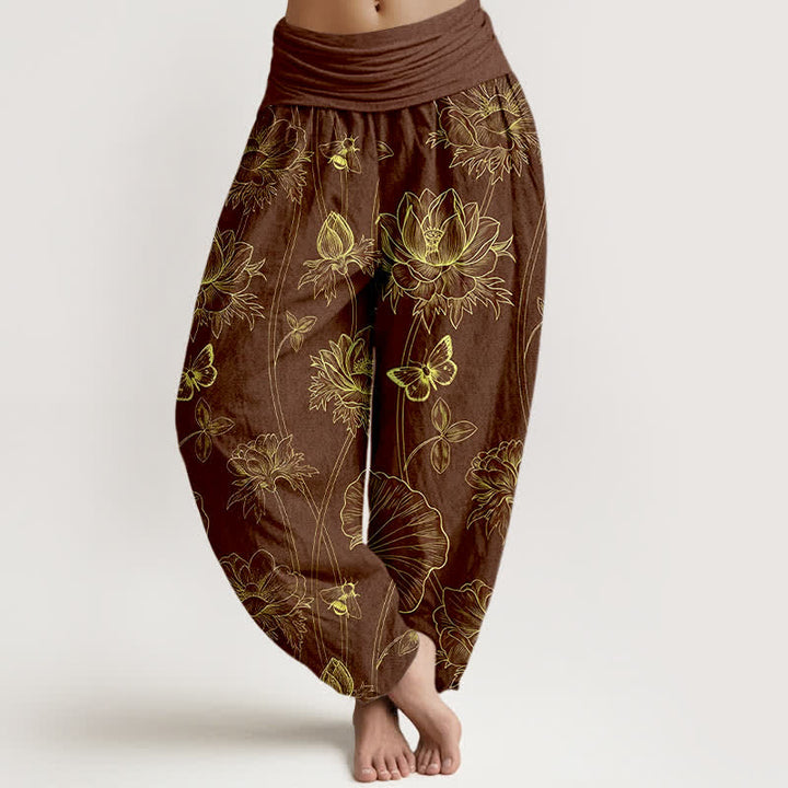 Buddha Stones Pantalones harem de mujer con cintura elástica y estampado de mariposas y loto de algodón. - Marrón silla de montar - US16，UK/AU20，EU48 (3XL) - image 5
