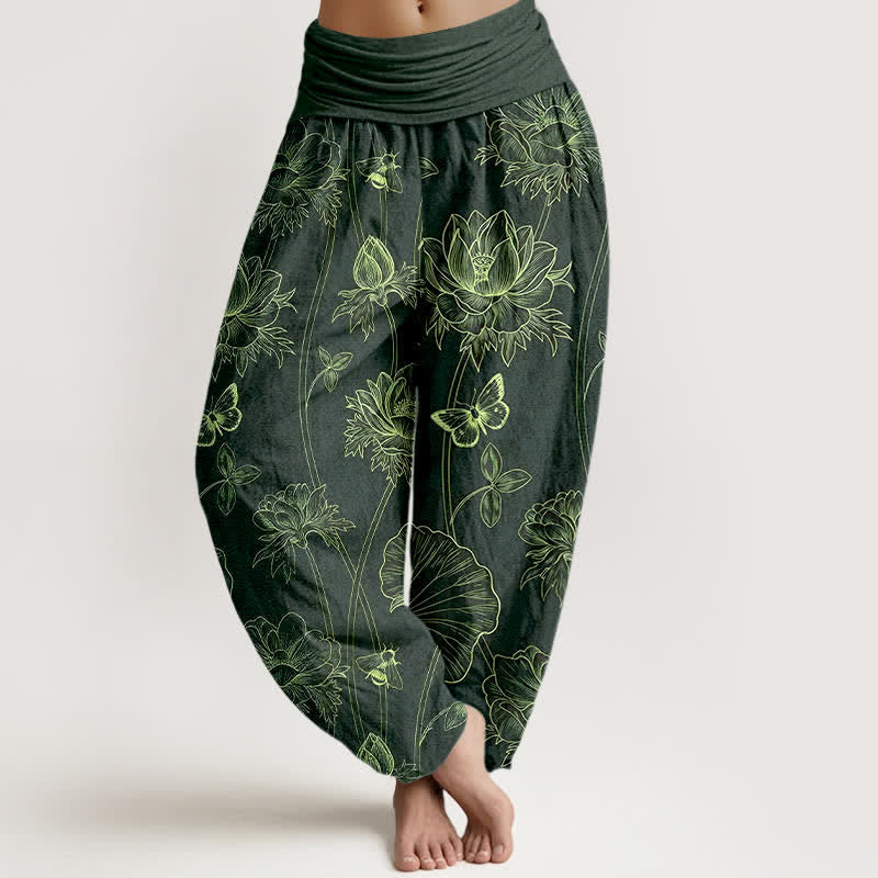 Buddha Stones Pantalones harem de mujer con cintura elástica y estampado de mariposas y loto de algodón. - Verde oscuro - US16，UK/AU20，EU48 (3XL) - image 8