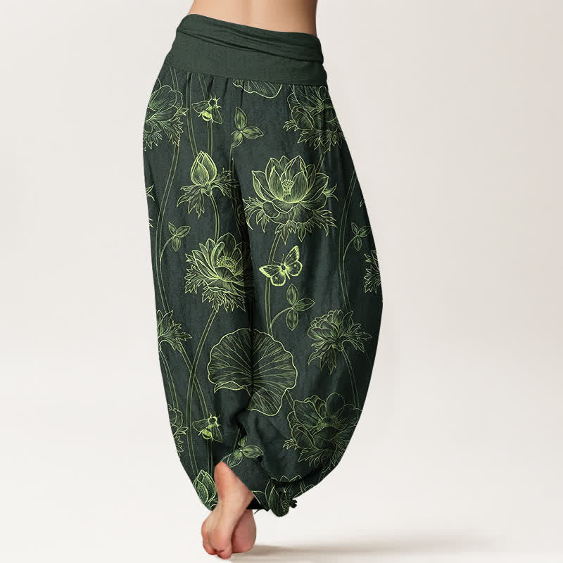 Buddha Stones Pantalones harem de mujer con cintura elástica y estampado de mariposas y loto de algodón. - image 9
