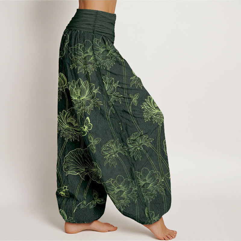 Buddha Stones Pantalones harem de mujer con cintura elástica y estampado de mariposas y loto de algodón. - image 10