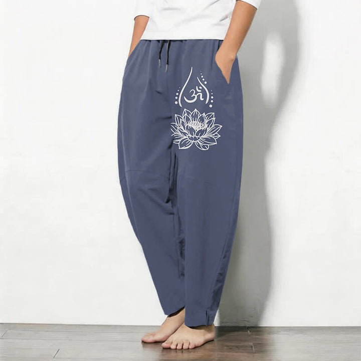 Buddha Stones Pantalones de hombre de algodón puro con estampado de loto sagrado Om, cordón ajustable y corte cónico, con bolsillos. - image 1