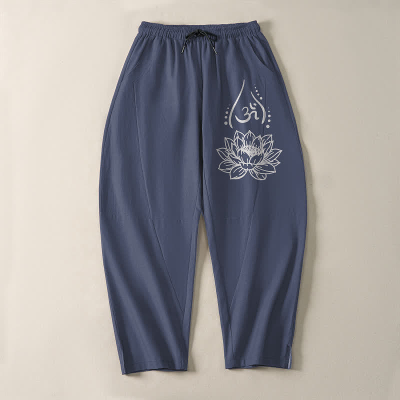 Buddha Stones Pantalones de hombre de algodón puro con estampado de loto sagrado Om, cordón ajustable y corte cónico, con bolsillos. - image 2