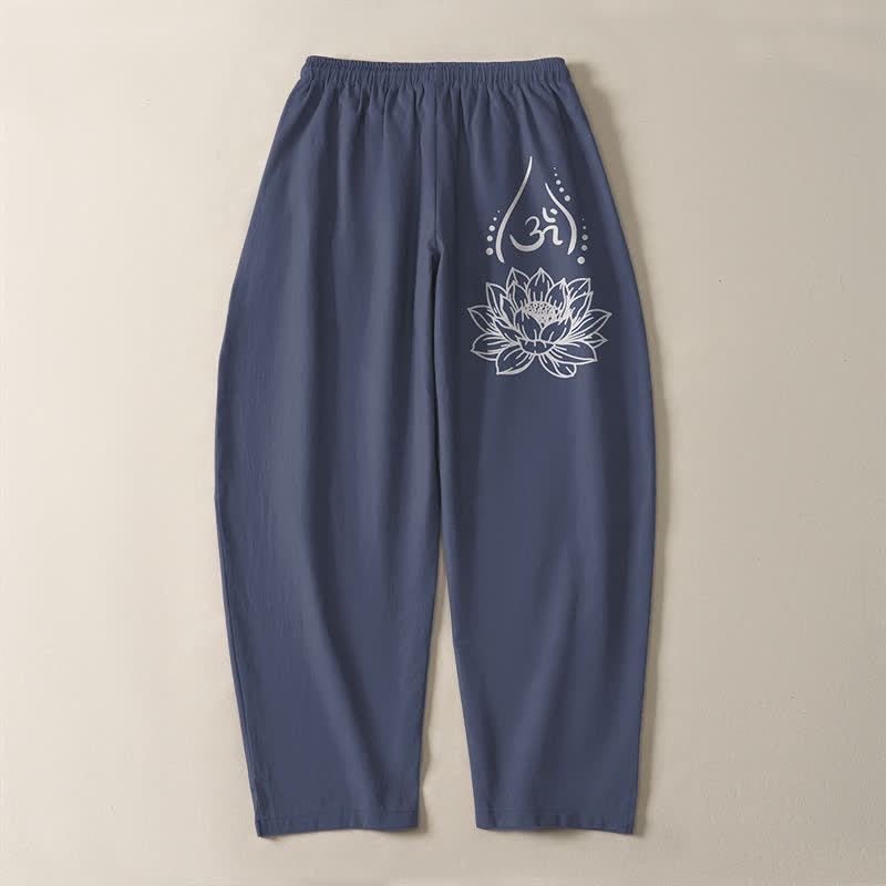 Buddha Stones Pantalones de hombre de algodón puro con estampado de loto sagrado Om, cordón ajustable y corte cónico, con bolsillos. - image 3