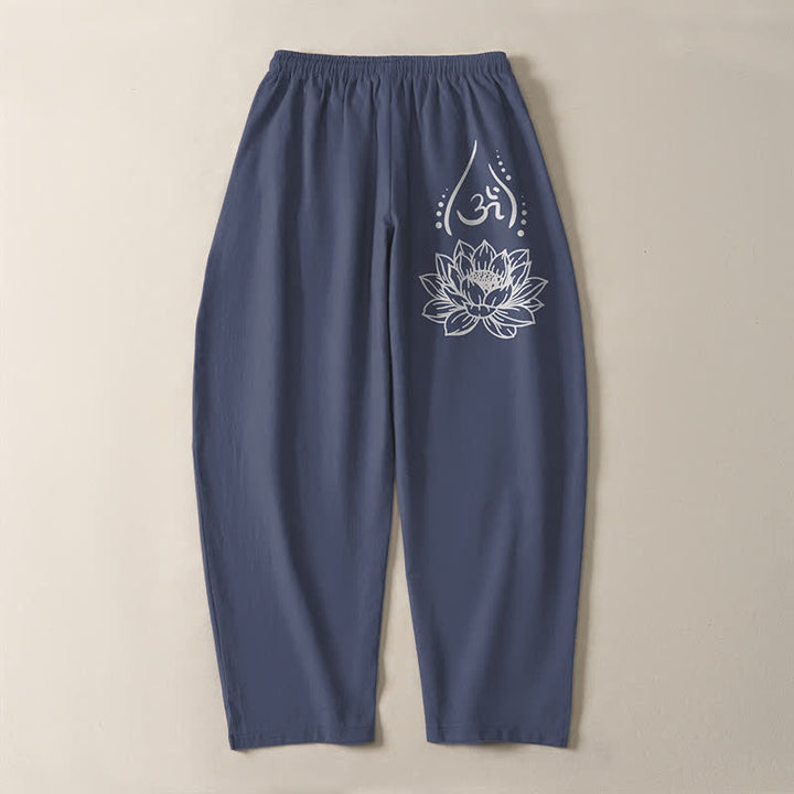Buddha Stones Pantalones de hombre de algodón puro con estampado de loto sagrado Om, cordón ajustable y corte cónico, con bolsillos. - image 3