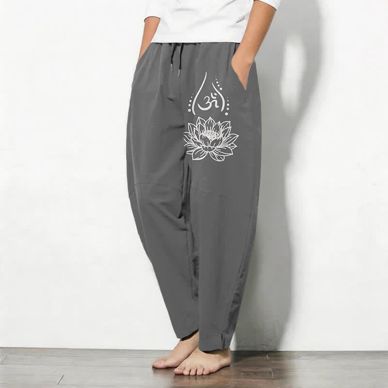 Buddha Stones Pantalones de hombre de algodón puro con estampado de loto sagrado Om, cordón ajustable y corte cónico, con bolsillos. - image 8
