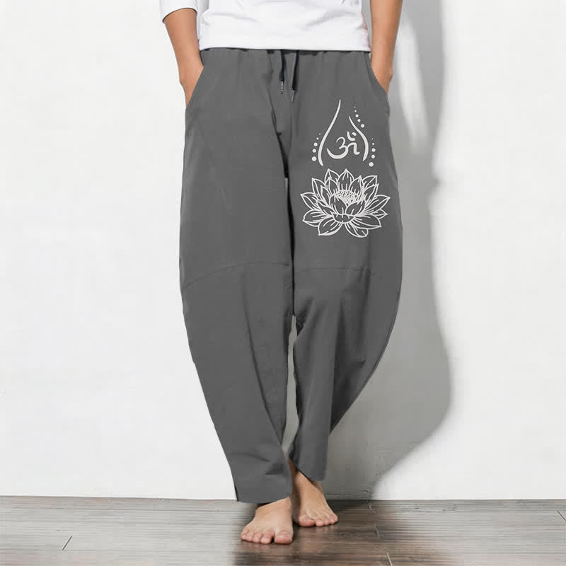 Buddha Stones Pantalones de hombre de algodón puro con estampado de loto sagrado Om, cordón ajustable y corte cónico, con bolsillos. - Gris - US/UK/AU50, EU60 (5XL) - image 7