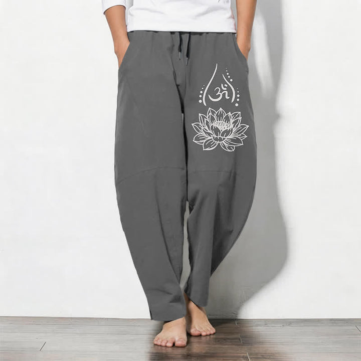 Buddha Stones Pantalones de hombre de algodón puro con estampado de loto sagrado Om, cordón ajustable y corte cónico, con bolsillos. - Gris - US/UK/AU50, EU60 (5XL) - image 7