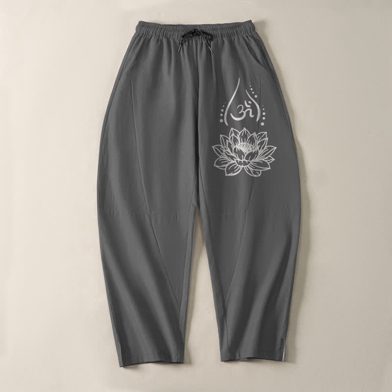Buddha Stones Pantalones de hombre de algodón puro con estampado de loto sagrado Om, cordón ajustable y corte cónico, con bolsillos. - image 9