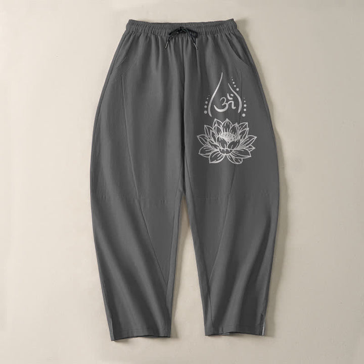 Buddha Stones Pantalones de hombre de algodón puro con estampado de loto sagrado Om, cordón ajustable y corte cónico, con bolsillos. - image 9