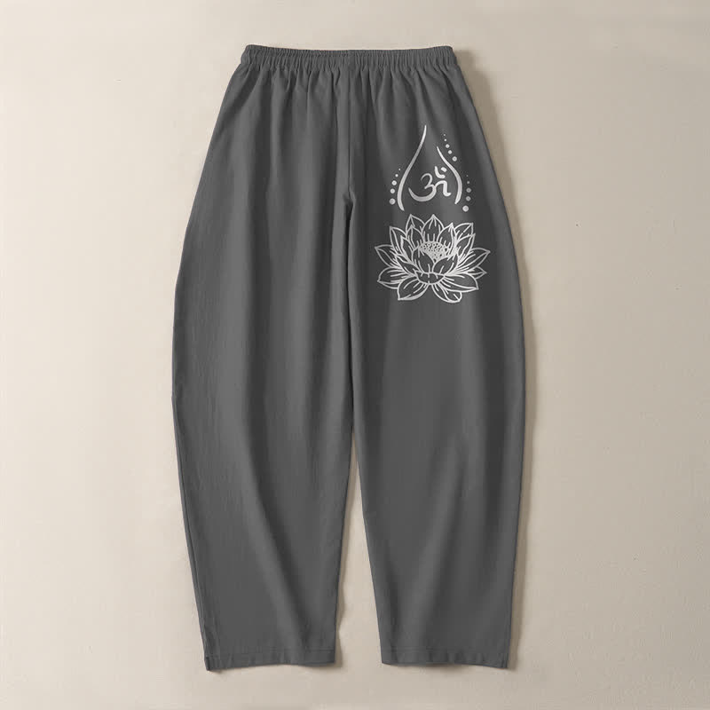 Buddha Stones Pantalones de hombre de algodón puro con estampado de loto sagrado Om, cordón ajustable y corte cónico, con bolsillos. - image 10
