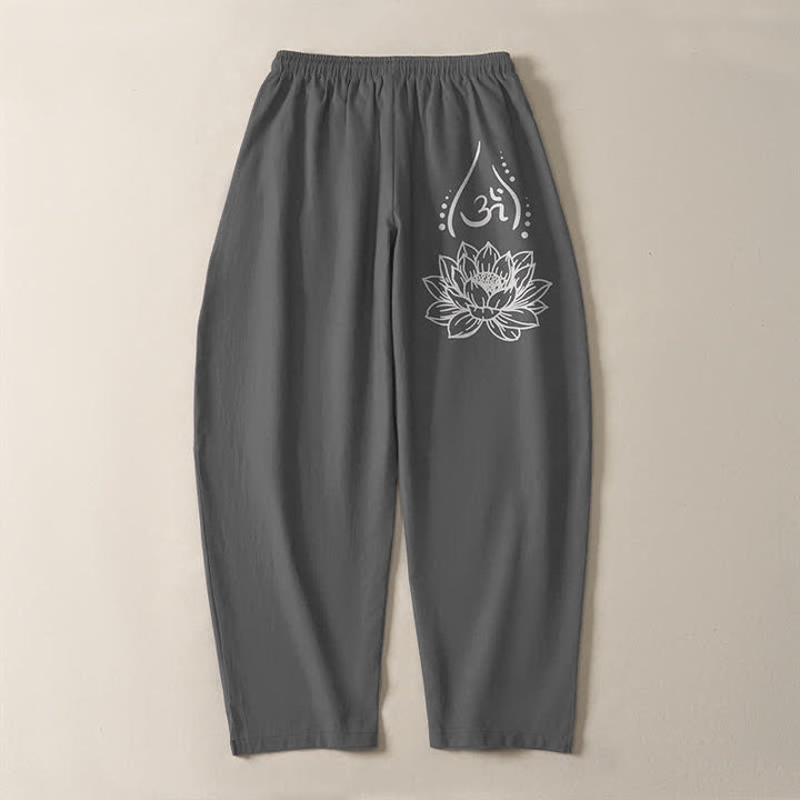 Buddha Stones Pantalones de hombre de algodón puro con estampado de loto sagrado Om, cordón ajustable y corte cónico, con bolsillos. - image 10