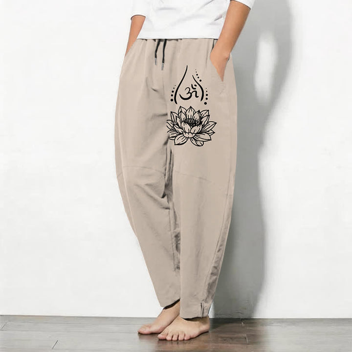Buddha Stones Pantalones de hombre de algodón puro con estampado de loto sagrado Om, cordón ajustable y corte cónico, con bolsillos. - image 12