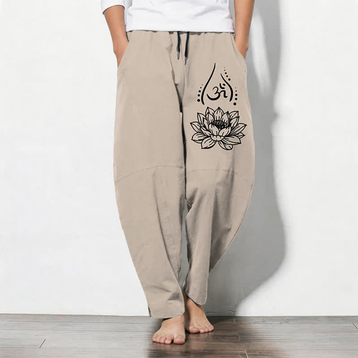Buddha Stones Pantalones de hombre de algodón puro con estampado de loto sagrado Om, cordón ajustable y corte cónico, con bolsillos. - Beige - US/UK/AU50, EU60 (5XL) - image 11