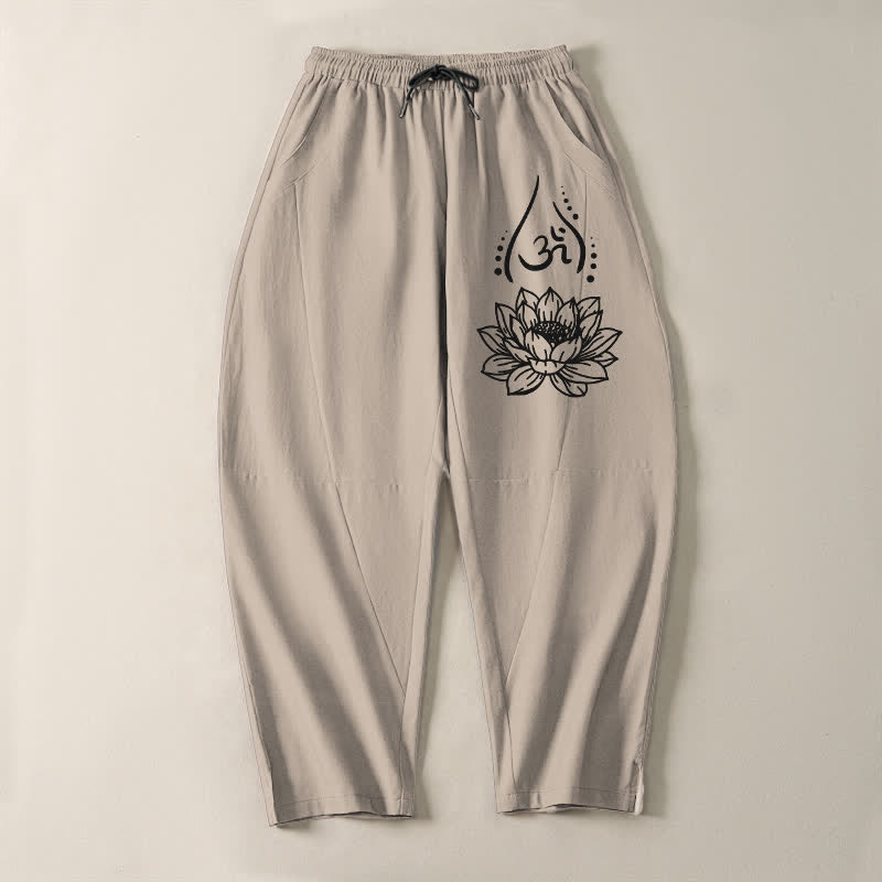 Buddha Stones Pantalones de hombre de algodón puro con estampado de loto sagrado Om, cordón ajustable y corte cónico, con bolsillos. - image 13
