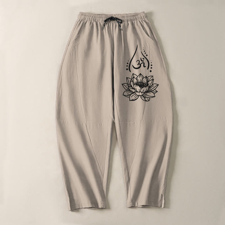 Buddha Stones Pantalones de hombre de algodón puro con estampado de loto sagrado Om, cordón ajustable y corte cónico, con bolsillos. - image 13