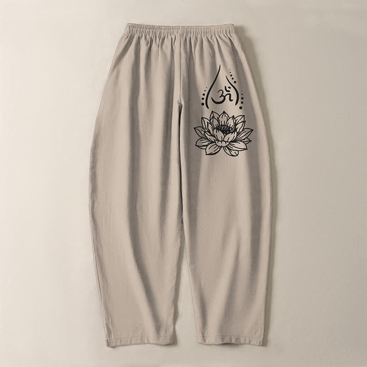 Buddha Stones Pantalones de hombre de algodón puro con estampado de loto sagrado Om, cordón ajustable y corte cónico, con bolsillos. - image 14