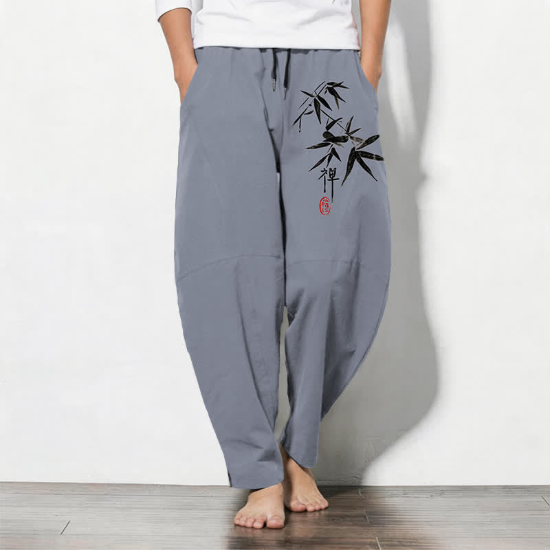 Buddha Stones Pantalones de hombre de algodón puro con estampado de hojas de bambú estilo zen, cordón ajustable y corte cónico, con bolsillos. - Gris pizarra - US/UK/AU50, EU60 (5XL) - image 0