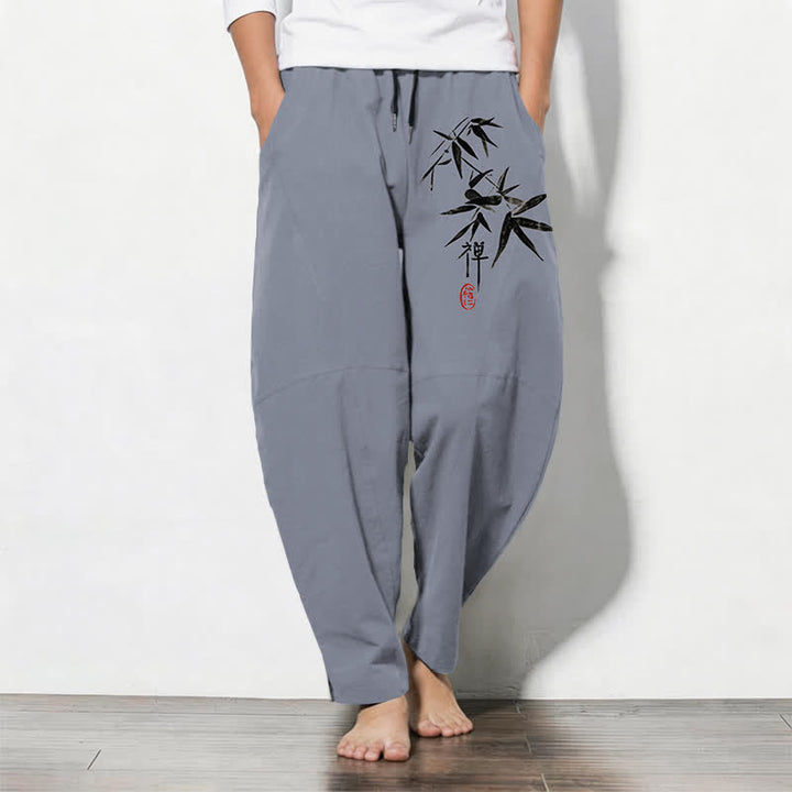Buddha Stones Pantalones de hombre de algodón puro con estampado de hojas de bambú estilo zen, cordón ajustable y corte cónico, con bolsillos. - Gris pizarra - US/UK/AU50, EU60 (5XL) - image 0