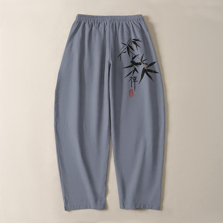 Buddha Stones Pantalones de hombre de algodón puro con estampado de hojas de bambú estilo zen, cordón ajustable y corte cónico, con bolsillos. - image 3