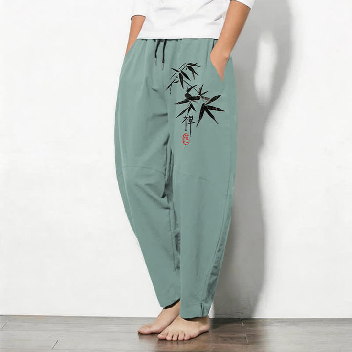 Buddha Stones Pantalones de hombre de algodón puro con estampado de hojas de bambú estilo zen, cordón ajustable y corte cónico, con bolsillos. - image 8