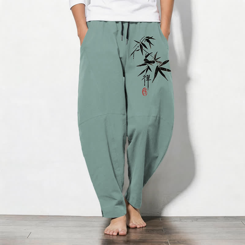 Buddha Stones Pantalones de hombre de algodón puro con estampado de hojas de bambú estilo zen, cordón ajustable y corte cónico, con bolsillos. - Aguamarina medio - US/UK/AU50, EU60 (5XL) - image 7