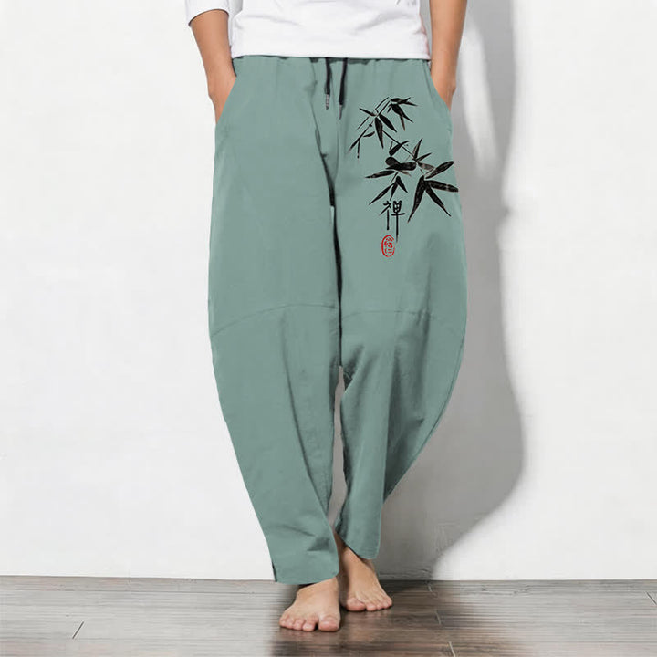 Buddha Stones Pantalones de hombre de algodón puro con estampado de hojas de bambú estilo zen, cordón ajustable y corte cónico, con bolsillos. - Aguamarina medio - US/UK/AU50, EU60 (5XL) - image 7