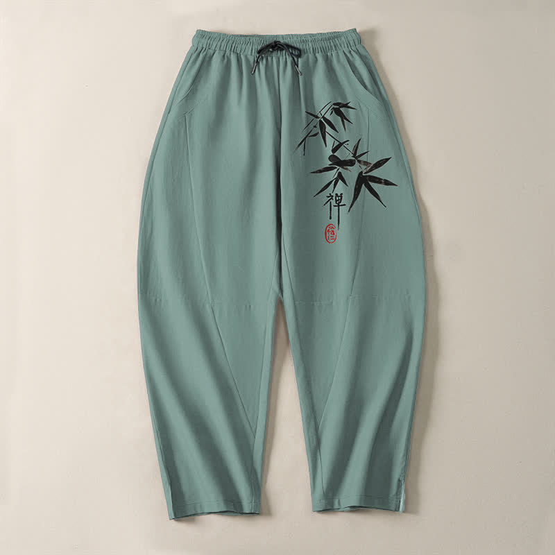 Buddha Stones Pantalones de hombre de algodón puro con estampado de hojas de bambú estilo zen, cordón ajustable y corte cónico, con bolsillos. - image 9