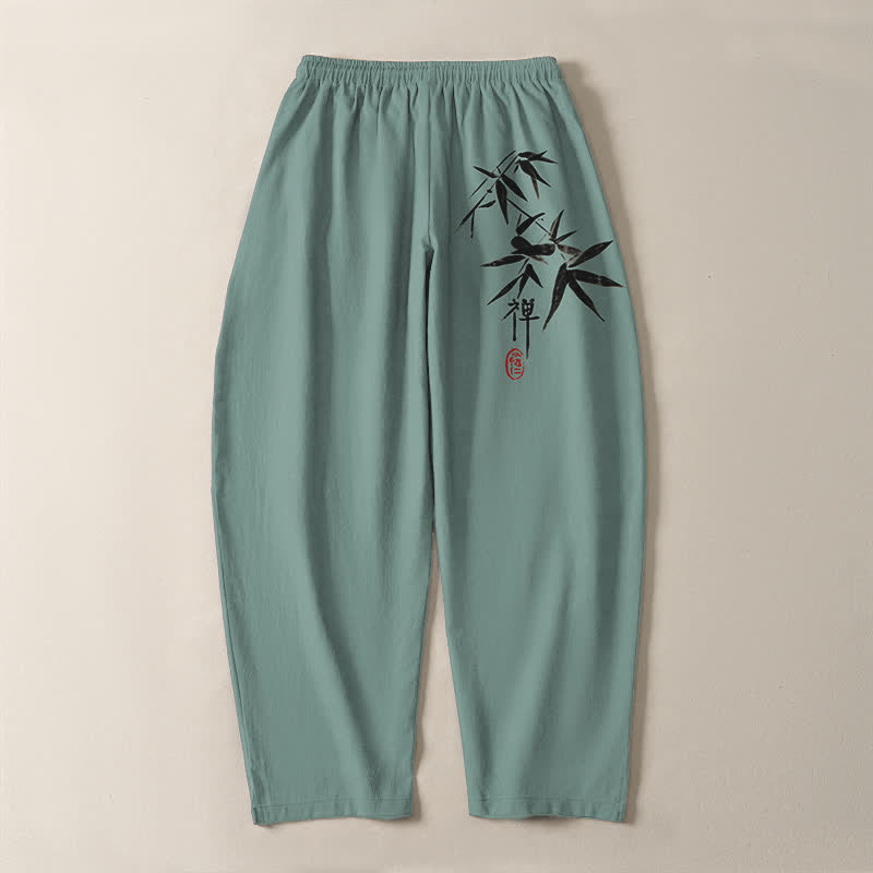 Buddha Stones Pantalones de hombre de algodón puro con estampado de hojas de bambú estilo zen, cordón ajustable y corte cónico, con bolsillos. - image 10