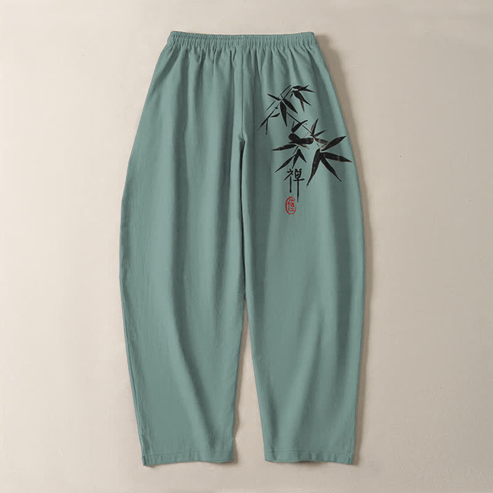 Buddha Stones Pantalones de hombre de algodón puro con estampado de hojas de bambú estilo zen, cordón ajustable y corte cónico, con bolsillos. - image 10