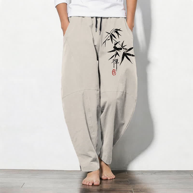 Buddha Stones Pantalones de hombre de algodón puro con estampado de hojas de bambú estilo zen, cordón ajustable y corte cónico, con bolsillos. - Beige - US/UK/AU50, EU60 (5XL) - image 11