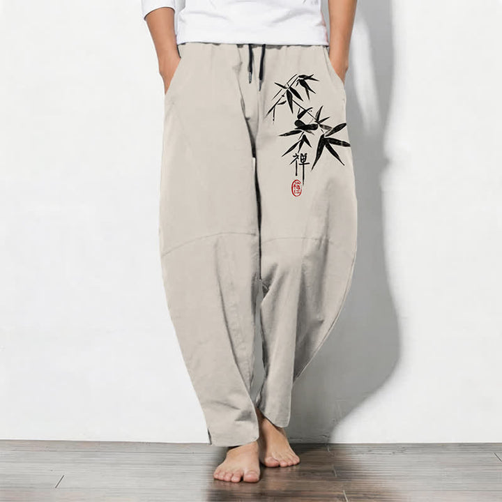 Buddha Stones Pantalones de hombre de algodón puro con estampado de hojas de bambú estilo zen, cordón ajustable y corte cónico, con bolsillos. - Beige - US/UK/AU50, EU60 (5XL) - image 11