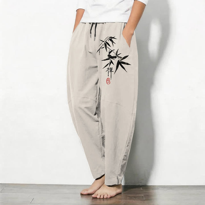 Buddha Stones Pantalones de hombre de algodón puro con estampado de hojas de bambú estilo zen, cordón ajustable y corte cónico, con bolsillos. - image 12
